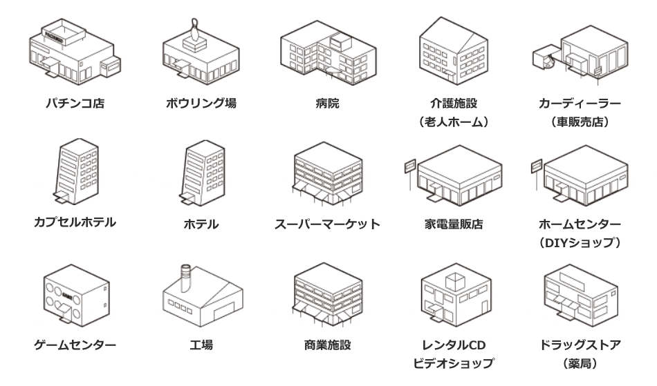 パチンコ店 / ボウリング場 / 病院 / 介護施設（老人ホーム） / カーディーラー（車販売店） / カプセルホテル / ホテル / スーパーマーケット / 家電量販店 / ホームセンター（DIYショップ） / ゲームセンター / 工場 / 商業施設 / レンタルCDビデオショップ / ドラッグストア（薬局）